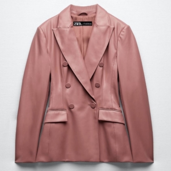 ZARA NEW WOMAN FAUX LEATHER DOUBLE-BREASTED BLAZER JACKET PINK MARSALA M,L - Picture 5 of 9